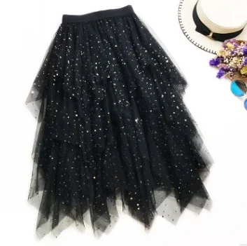 Черный Женская модная юбка зомер Сияющий Pluizige Vrouwen Rokken Gaas Onregelmatige Rok Gouden Stempel Sexy Midi Tule - Цвет: Черный