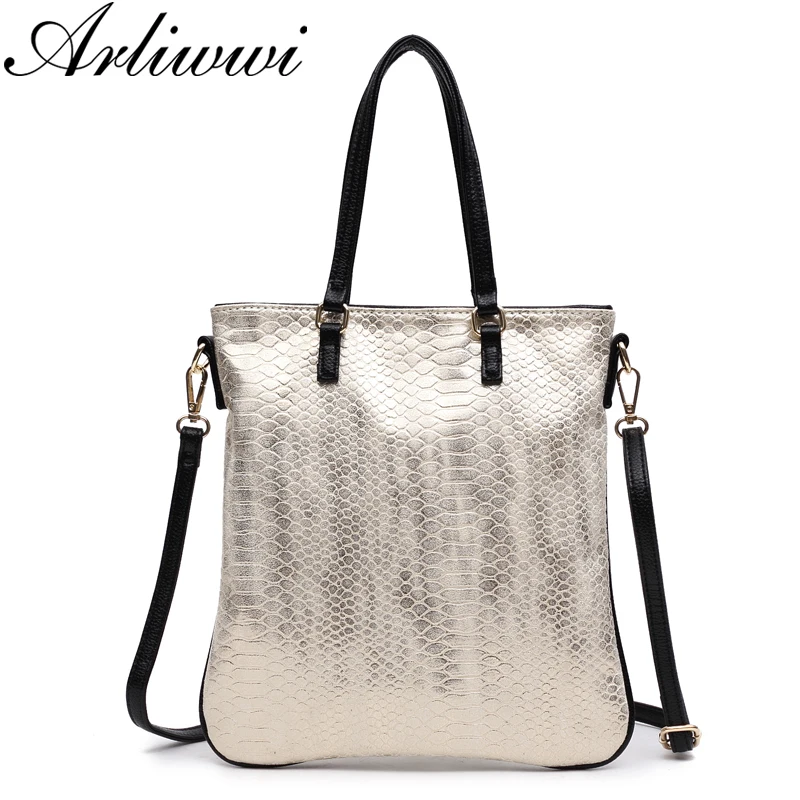

Arliwwi Brand Shiny Snakeskin Pattern Embossed Faux Leather Lady iPad Bag Functional Small Flat Tote Handbags Women
