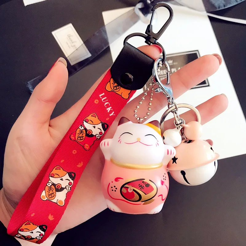 Cartoon Cute Animal Smile Face Lucky Cat Keychain Braid Belt Bells Key Ring Women Car Bag Charm Key Chains Pendant Trinkets Gift - Цвет: K11