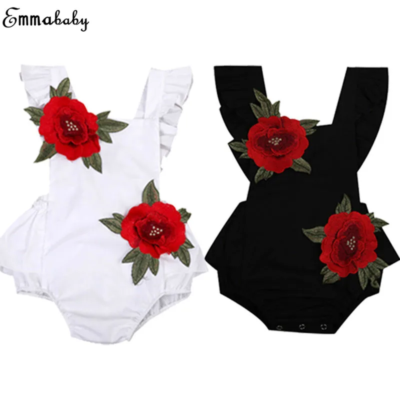 الكشكشة الوليد طفلة التطريز روز زهرة أكمام عارية الذراعين الرسن بذلة رومبير الأميرة الاطفال ملابس الصيف sunsuit