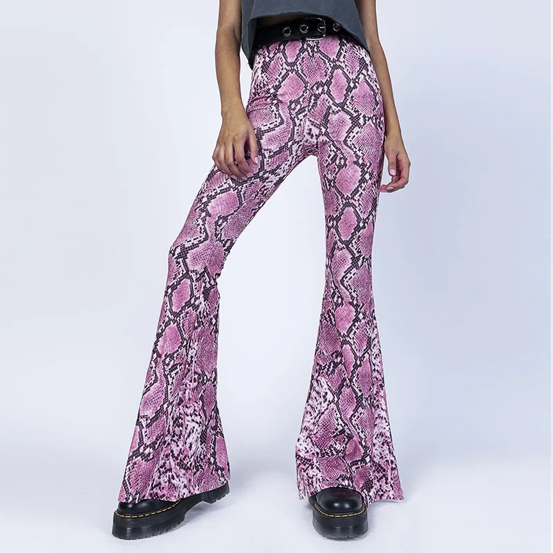 

High Waist Women Snake Print Pants Casual Long Flare Pants Trousers Ladies Harajuku Streetwear Bell Bottom Pants