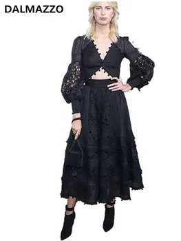 

Black White Womans Runway V Neck Lace Hollow Out Patchwork Party Long Dresses 2019 New Designer Women Lantern Sleeve Long Dress