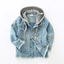 

New Fashion Baby Boys Jacket Children Coat Hole Hooded Denim Jacket Patchwork Clothes Autumn Kids Girls Sweatshirts Outerwear