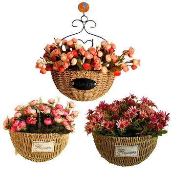 

Three Patterns Grass Rattan Braided basket green plant basket Wall hanging flower pot Home Desk Hanging Decoration