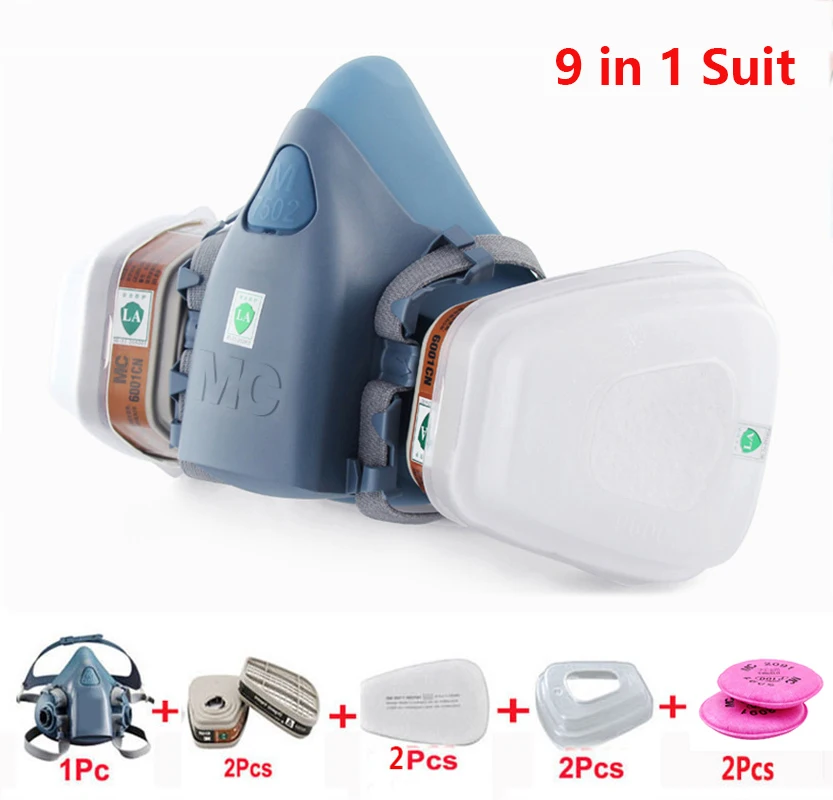 

9 in 1 Suit 7502 Half Gas Mask Respirator with 6001cn/5N11 Industrial Anti Dust Masks Welding Smoke Face Mask Painting Spraying