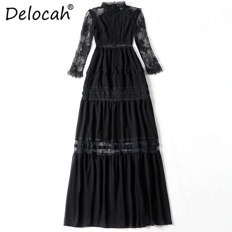 

Delocah Fashion Designer Maxi Long Dress Women Long Sleeve Gorgeous Lace Patchwork Vintage Party Dresses vestido longo
