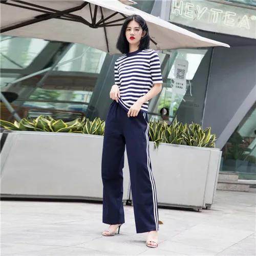2 delige set vrouwen trainingspakken tops en broek 2019 Zomer dames casual streep korte mouw breien t-shirt lange broek sets
