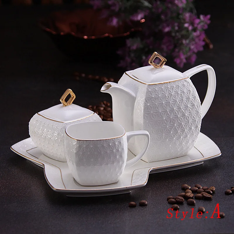 

High Quality Coffee & Tea Set Embossing Porcelain Pure White Bone-china Coffee Pots / Cups/ Tray/ Sugar Jar 4 Pcs / Set