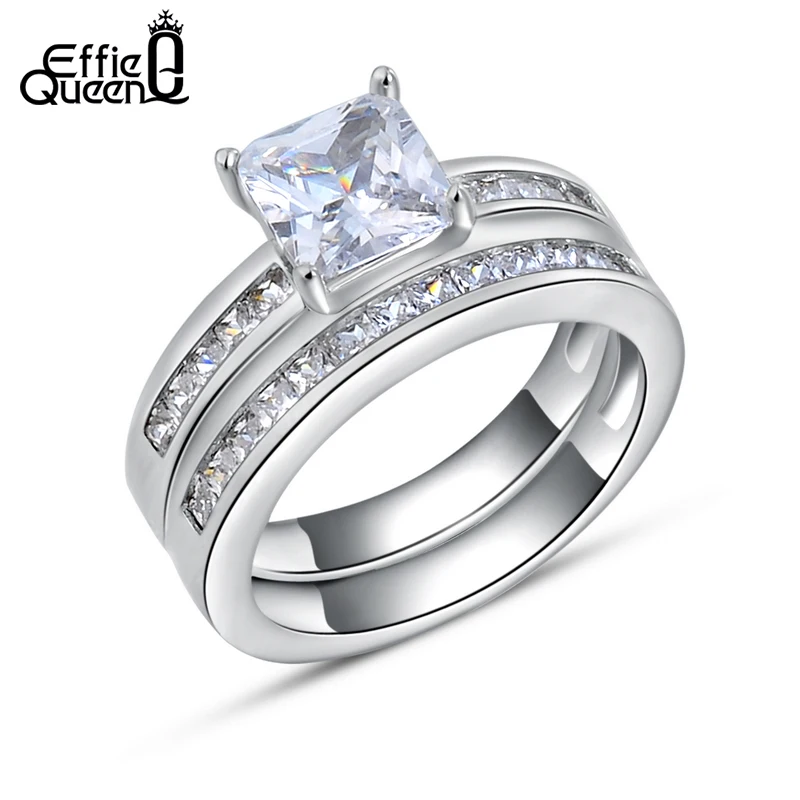 Effie Queen 2 Piece/Set Wedding Bands Finger Ring 0.8 ct Princess Cut Cubic Zircon Women Ring Set 3 Wearing Design Fashion DR28