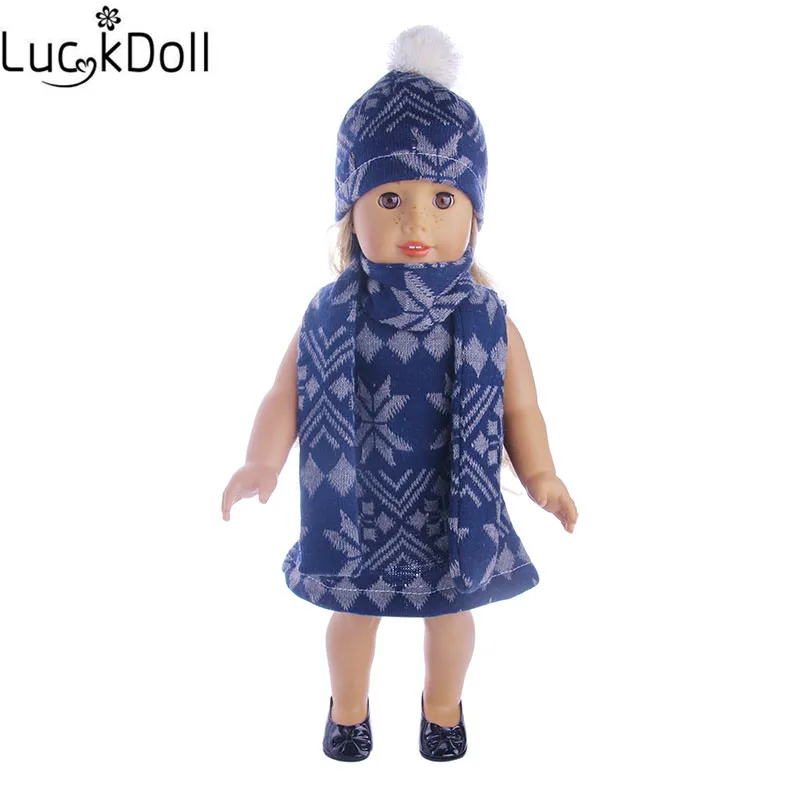 

Новое поступление, зимний костюм, шапка + шарф + платье для куклы 43 см или 18-дюймовой американской куклы, аксессуары для одежды, Рождество