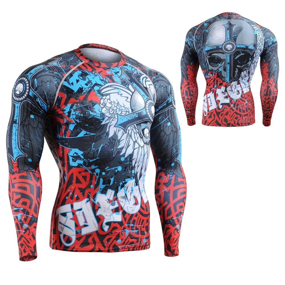 

Men`s Long Sleeve Technical Graphic Second Skin MMA Gym Running Compression Base Layer Tights Quick Dry Fitness Sports Shirt