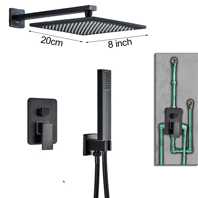 Скрытый черный Ванная комната душевой кран латунный 2-полосным смесительный клапан смесители для душа с ручным душем 8/10/12/1" дождевая Насадки для душа - Цвет: 8 inch 2-ways