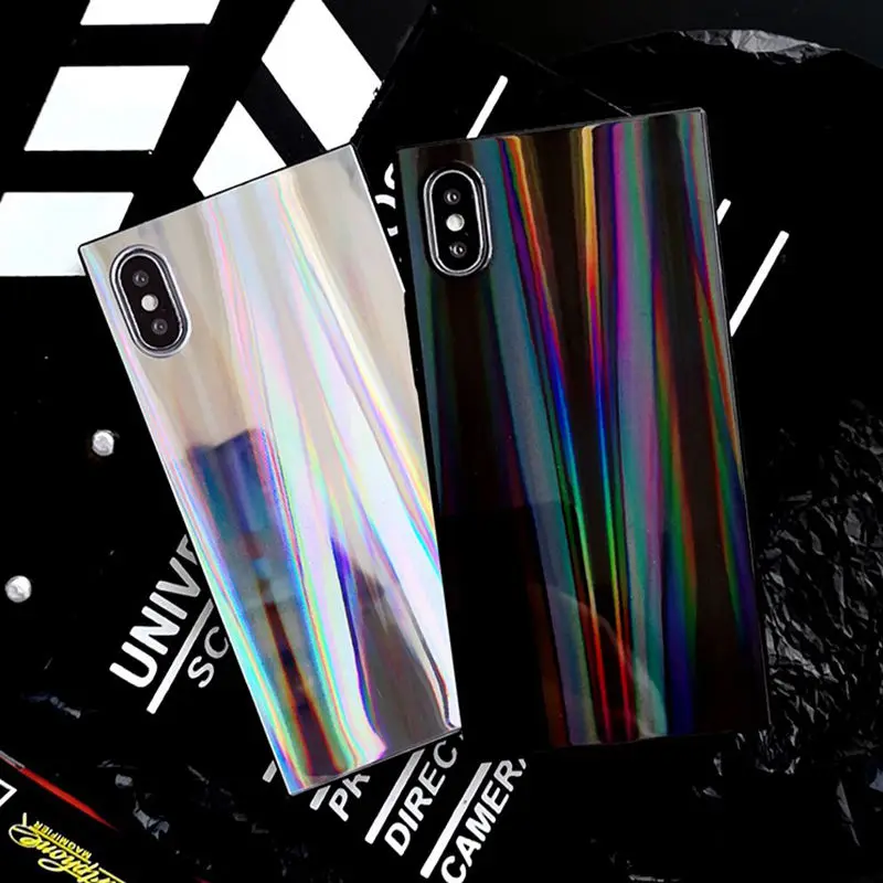 

Fashion Rainbow Shining Colorful Phone Case For iphone 7 8 6 6S Plus square Laser case For iPhone X Soft TPU Back Cover Coque