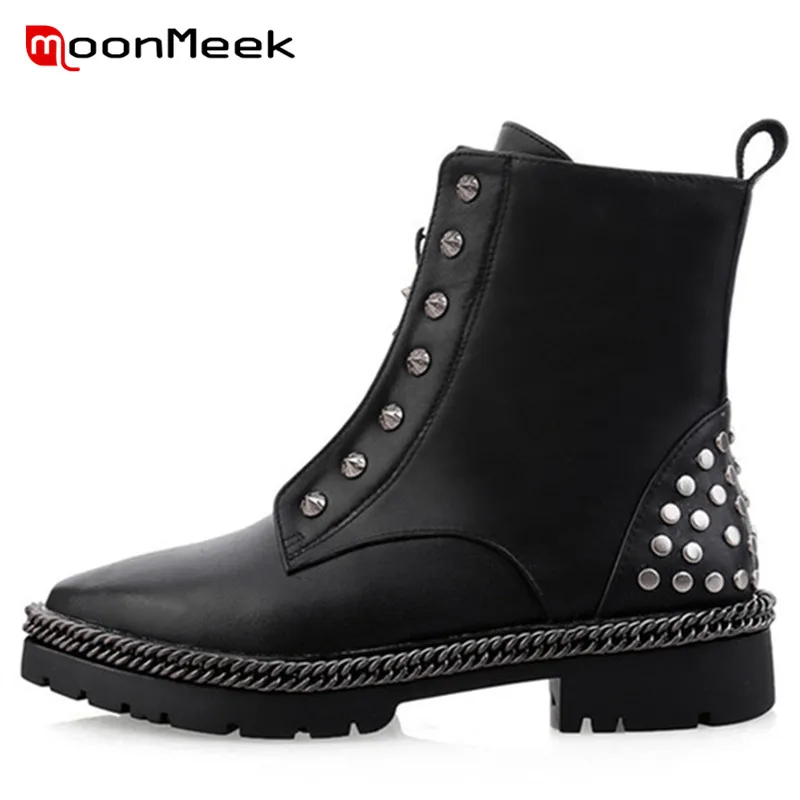 

MoonMeek new arrive 2020 popular genuine leather boots hot sale med heels ladies ankle boots unk women pointed toe WOMEN boots