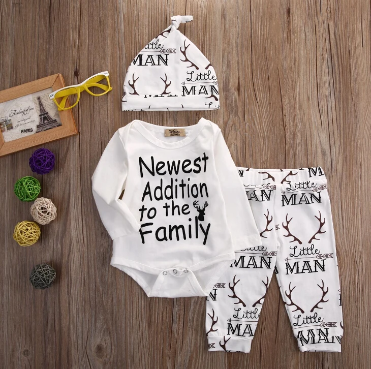 

3pcs/Set ! New 2019 summer style baby boy clothes fashion cotton baby girl clothing set casual Deer romper+pants+hat 3pcs sets