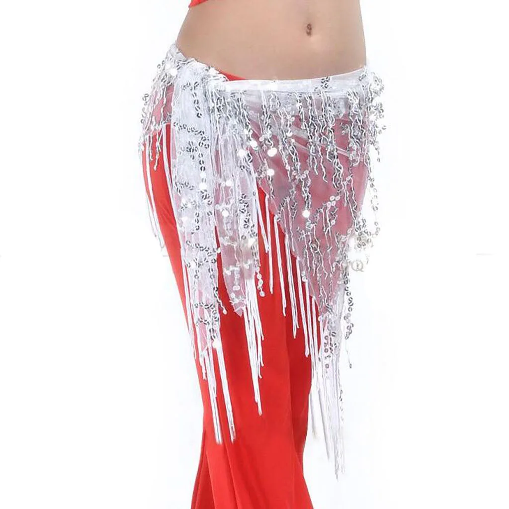 Fashion Women Belly Dance Hip Scarves Shiny Sequins with Tassel White Stage Performance Skirt Festival Clothing
