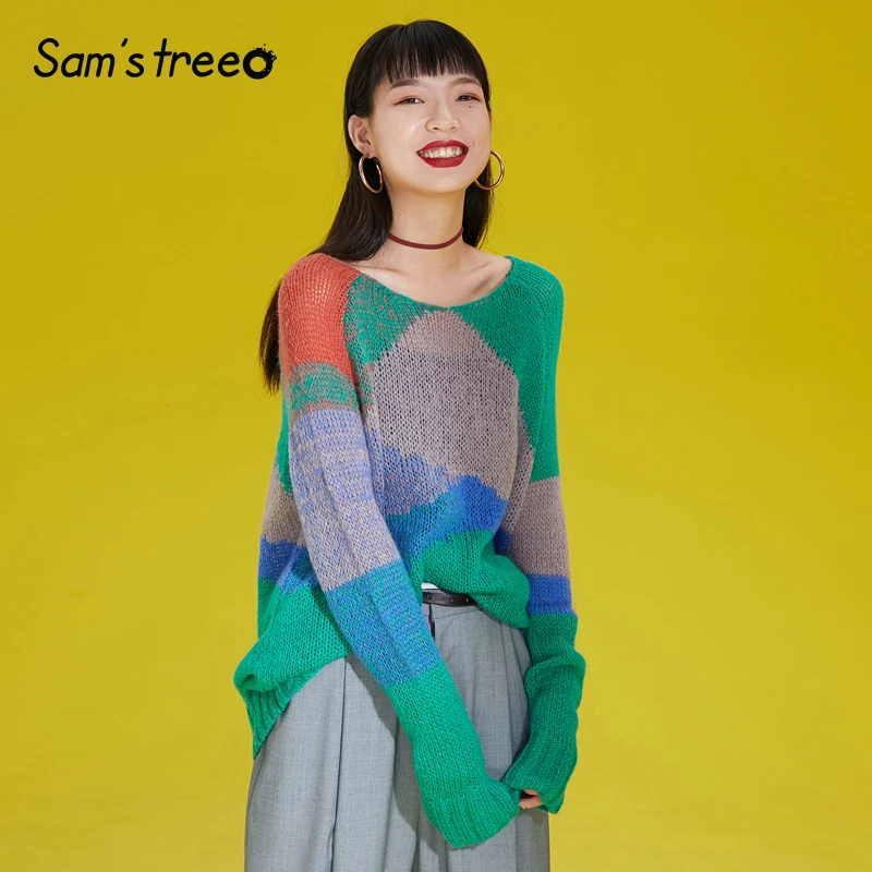 

Women Thin Spring Sweater Color Contrast Hand Knitted Pullovers Female Patchwork Deep O Neck High Street Sweaters