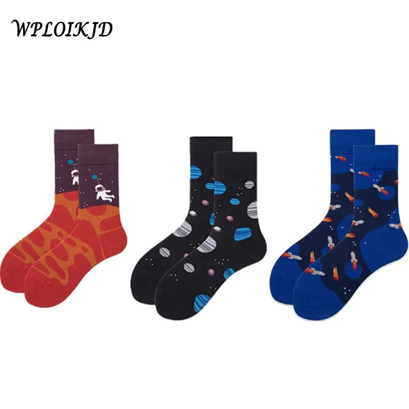 

[WPLOIKJD]2019 Newly Japanese Casual Happy Funny Men Socks Planet Astronauts Earth Rockets Pattern Ankle Socks Calcetines Hombre