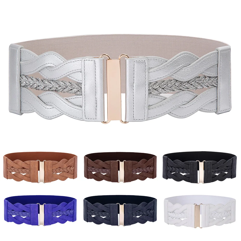 Hot Sale Women Ladies Girls Fashion Waist Belt Wide Braided Polyurethane Leather Stretchy Elastic Waist Ceinture Waistband Cinto