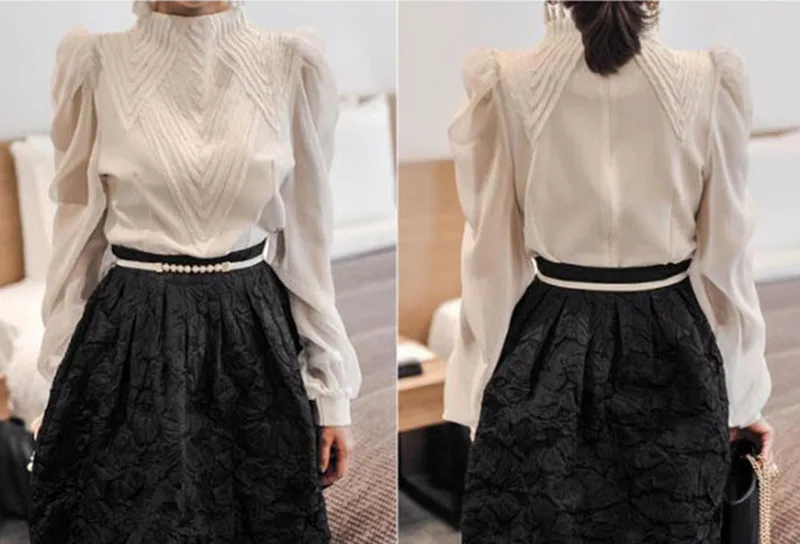 Blusas Mujer винтажные офисные черные и белые тонкие блузки повседневные осенние