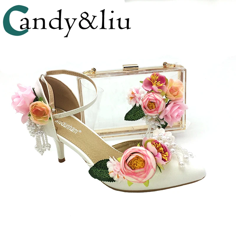 

Shoes Woman Flowers Pink Blue Shoes and Bags Set 5cm Heel Lady Pumps Party Set Evening Dress