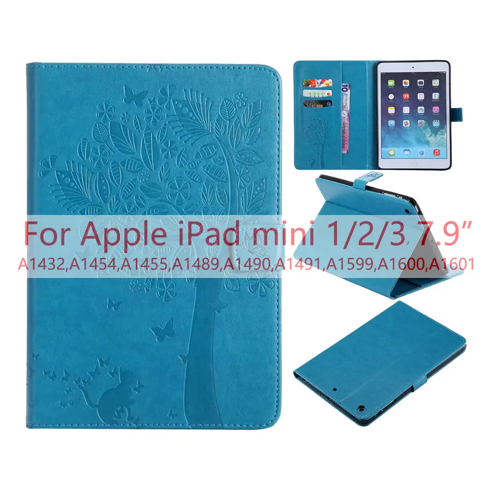 Чехол для iPad Mini 1/2/3 Давление печать Счастливое дерево из искусственной кожи+ мягкий чехол на заднюю панель телефона с подставкой флип чехол Обложка для Apple iPad Mini 4 - Цвет: Blue