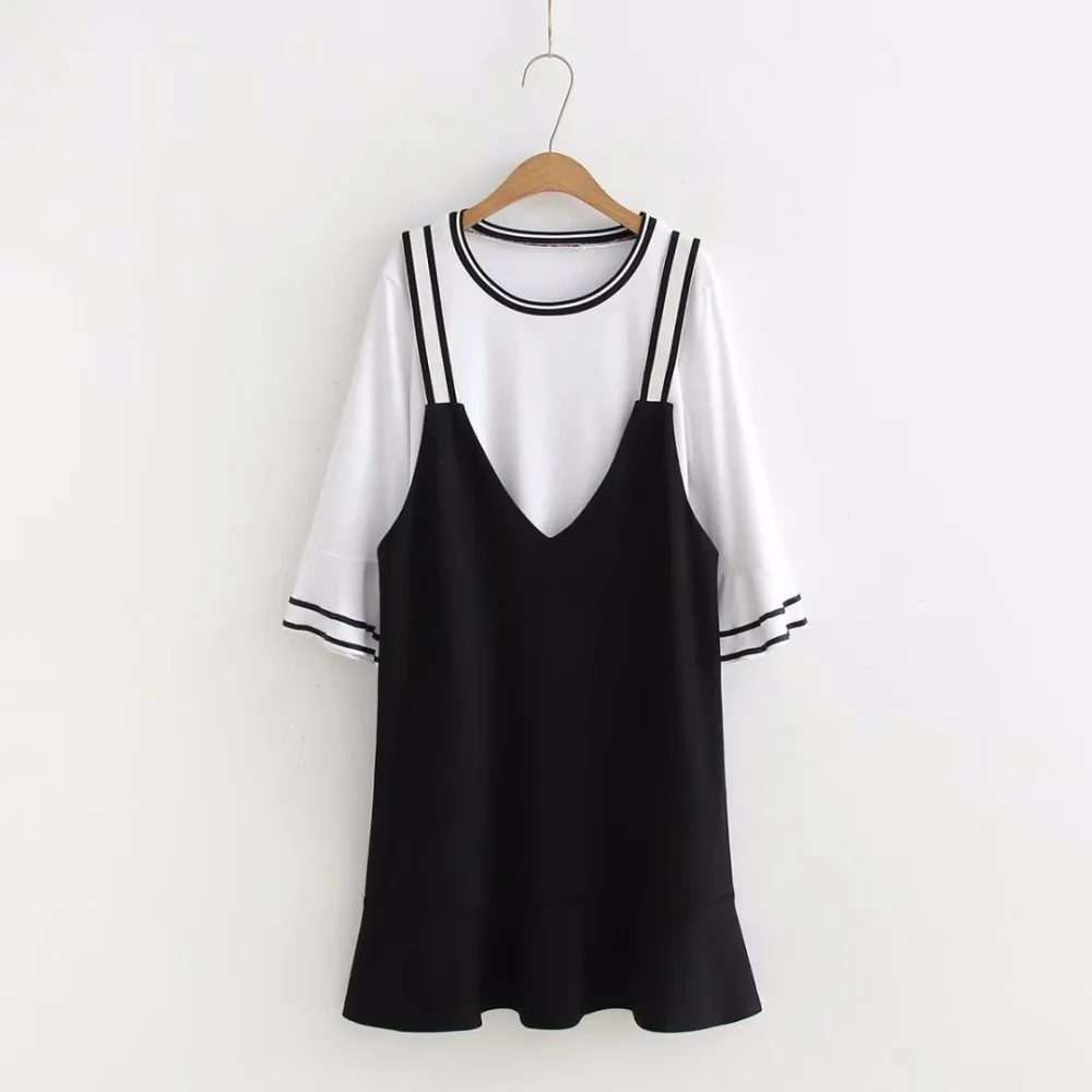 Vestido de las mujeres más tamaño camisetas de manga de La Llamarada blanca y negro 2 piezas conjunto 2018 primavera tres cuartos de las señoras del o-cuello de la falda femenina