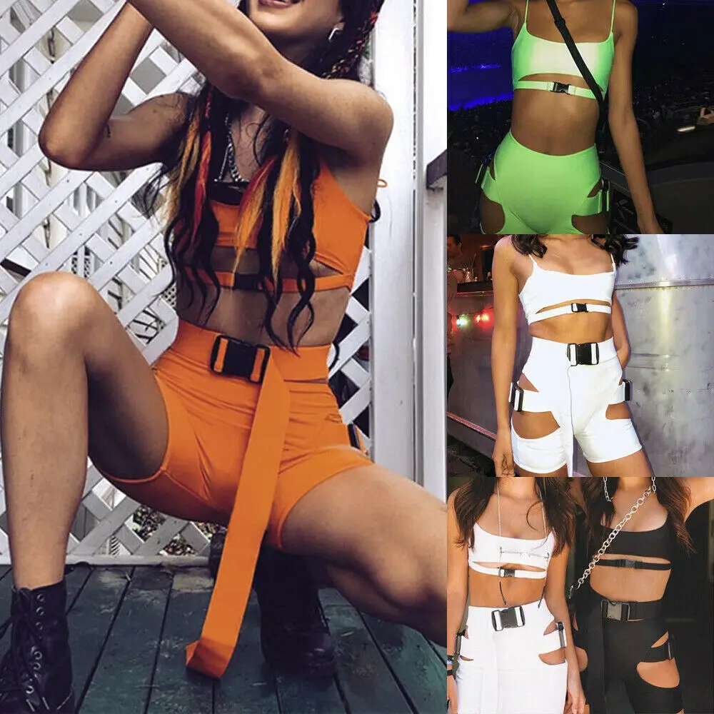 

Summer New Women Set Solid Crop Top + Shorts Waist Belt Bandage Pullover Sleeveless Casual Sexy 2Piece Set Sport Gym Outfits