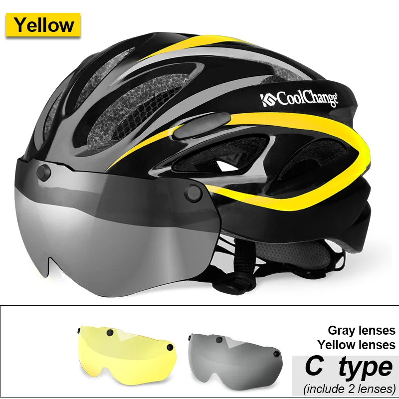 CoolChange велосипедный шлем ветронепроницаемый мужской объектив цельный литой 18 вентиляционных отверстий MTB велосипедный шлем Casco Ciclismo - Цвет: C Yellow2 lenses