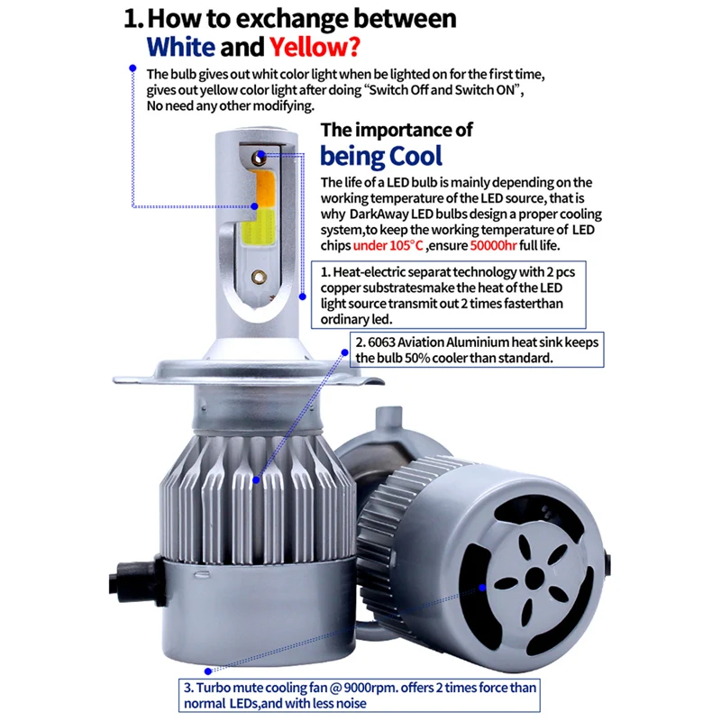 2 шт. H7 светодиодный турбо H4 Автомобильные фары лампы COB H11/H8/H9 H1 H3 9005/HB3 9006/HB4 Hir2 H27 8000LM 4300 K 6000 K 12 V 24 V Авто Voiture