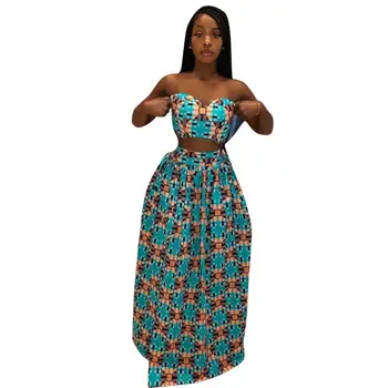 

Women Bohemian Plaid Two Piece Set New Summer Strapless Crop Top Maxi Skirt Club Tracksuit High Split Casual Outfit