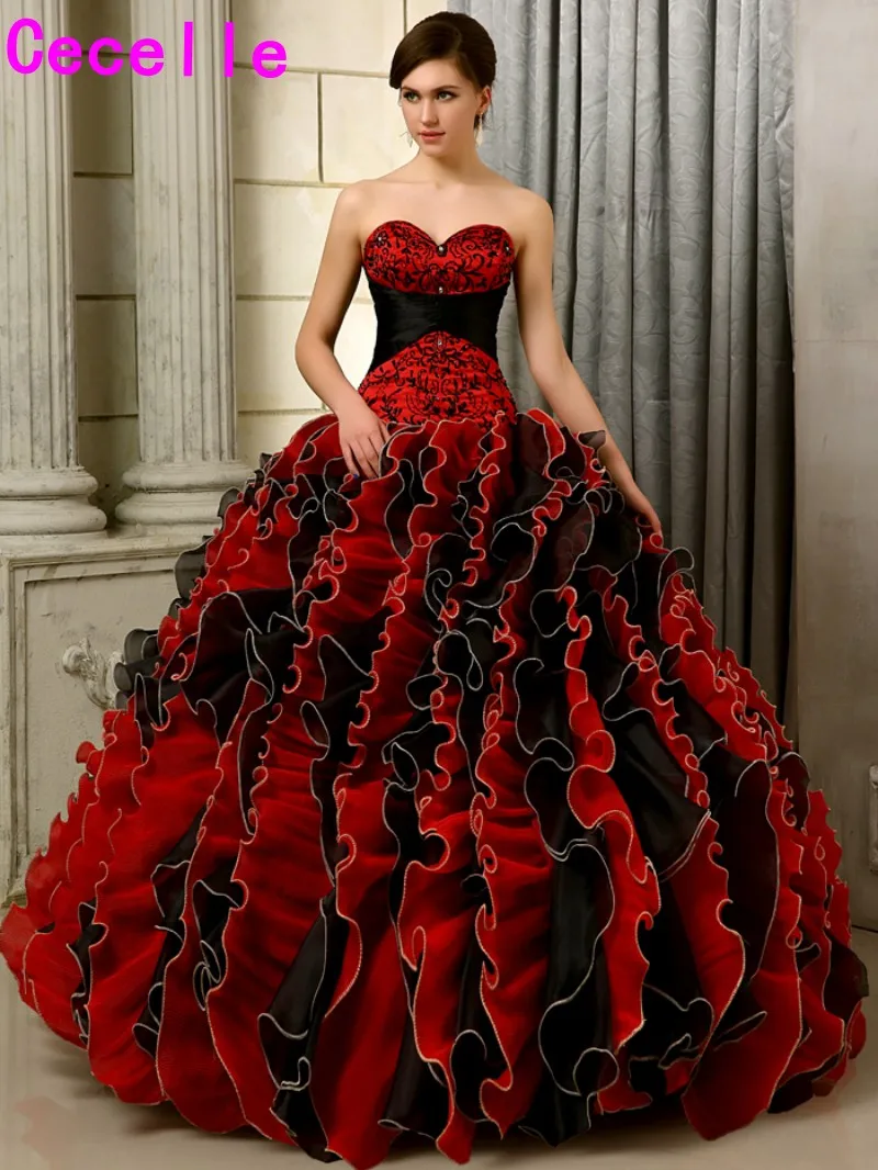 Abiti da sposa gotici neri e rossi abito da ballo abito da sposa Non bianco  in Organza con volant in rilievo ricamato a cuore colorato - AliExpress  Weddings \u0026 Events