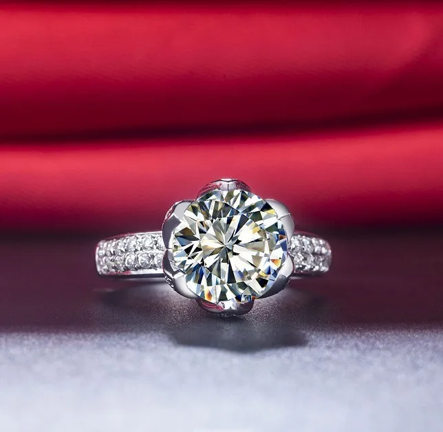 Винтаж 3 карат цветок лотоса Форма Сона синтетических алмазов Обручение кольцо Подлинная стерлингового серебра никогда не выцветает