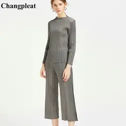 Changpleat 2018 новые осенние базовые женские комплекты miяк плиссированные Однотонные эластичные талии Сплит прямые брюки и футболки с длинными