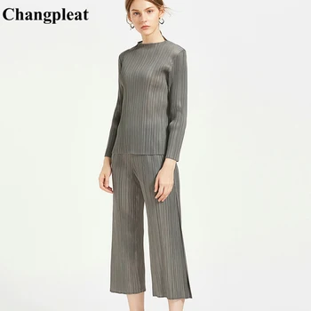 

Changpleat 2018 new Autumn Basic women's Sets Miyak Pleated Solid Elastic waist Split straight pants and long-sleeved T-shirts