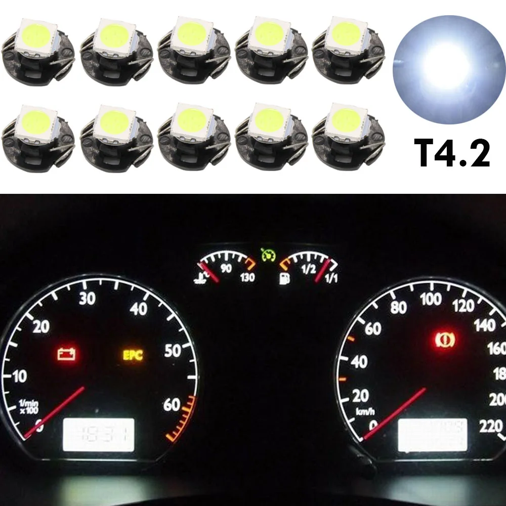 

10pcs T4.2 T4 5050 SMD LED White Wedge Dashboard Instrument Cluster Light Car Panel Gauge Speedo Dash Climate Bulbs