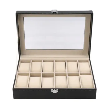 

6/12 Slots Grid PU Leather Watch Display Box Jewelry Storage Organizer Case Locked Watch Display Casket With Black Color