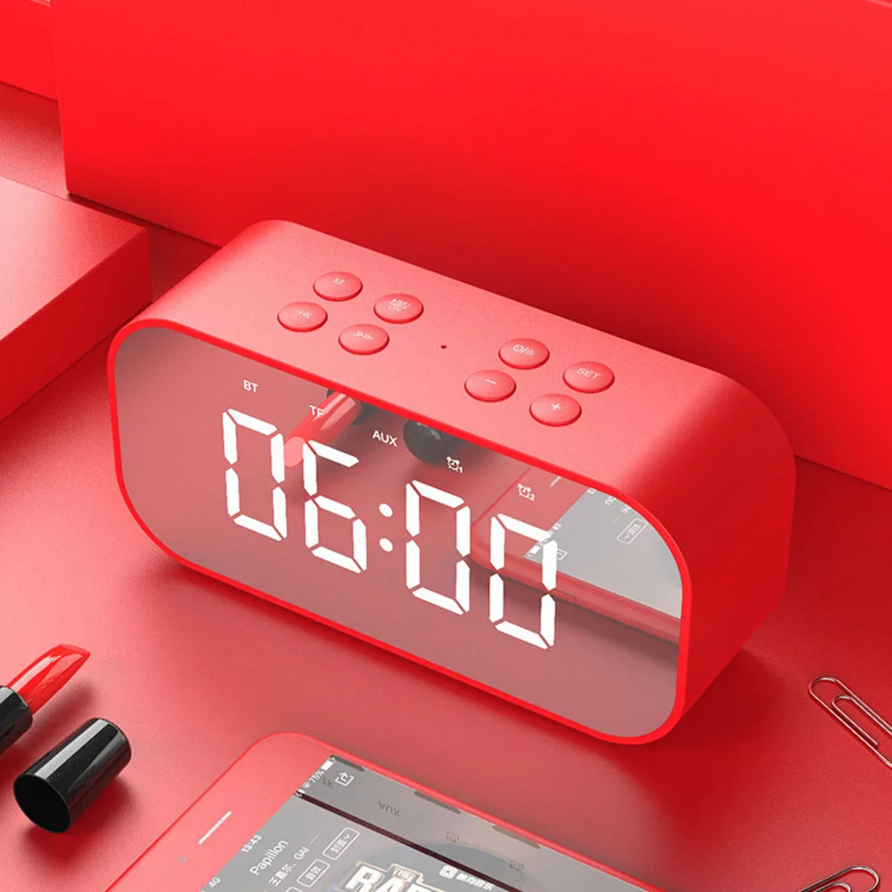 Bluetooth Speaker with FM Radio LED Mirror Alarm Clock Subwoofer Music Player Snooze Desktop Clock Portable Mirror MP3 Player