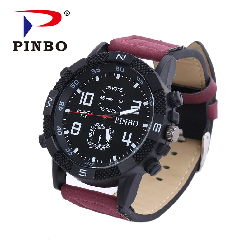 

New PINBO Brand Men Big Dial Casual Quartz Watch Men Fabric Mixed color Leather Strap Military Wrist Watches Relogio Masculino