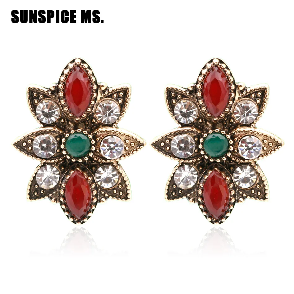 

SUNSPICE MS Fashion Women Stud Earrings Ethnic Resin Bridal Jewelry Flower Crystal Earring Antique Gold Color Indian Bijoux Gift