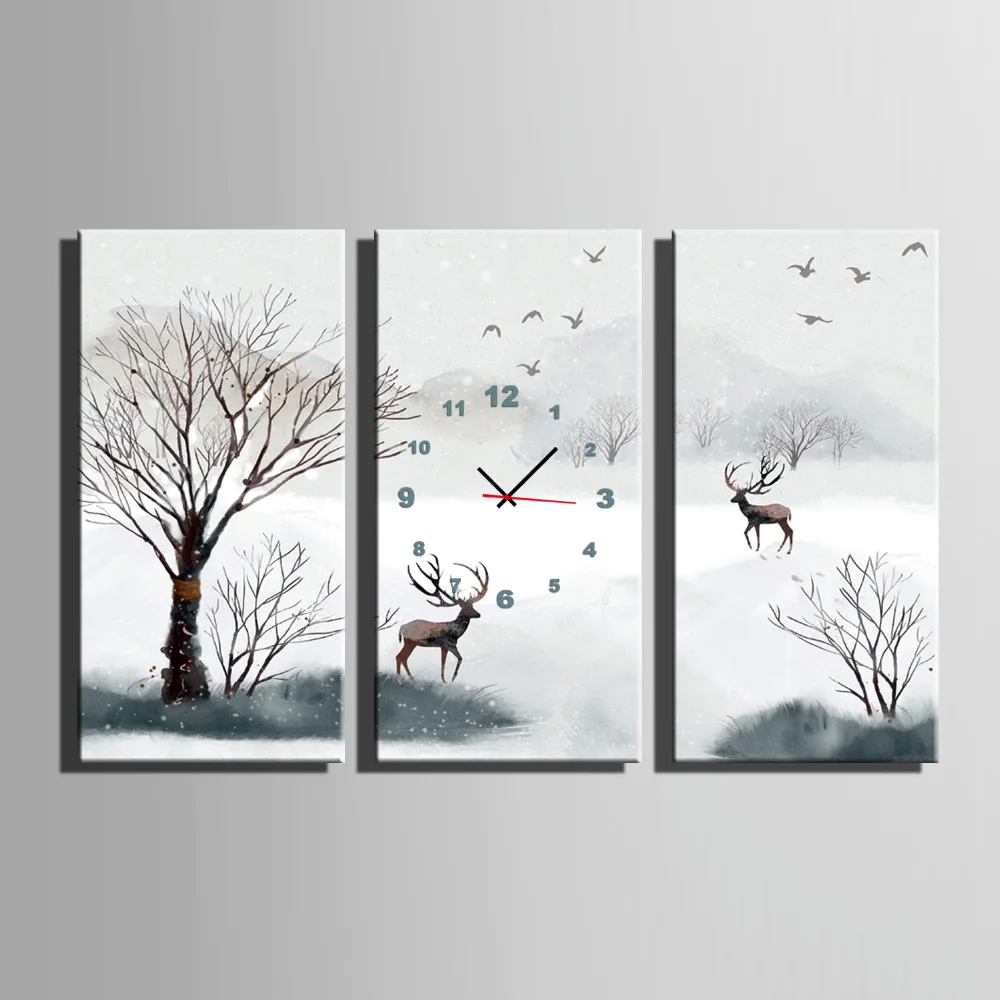 

Free Shipping E-HOME A Deer In The Snow Clock in Canvas 3pcs wall clock 17121128