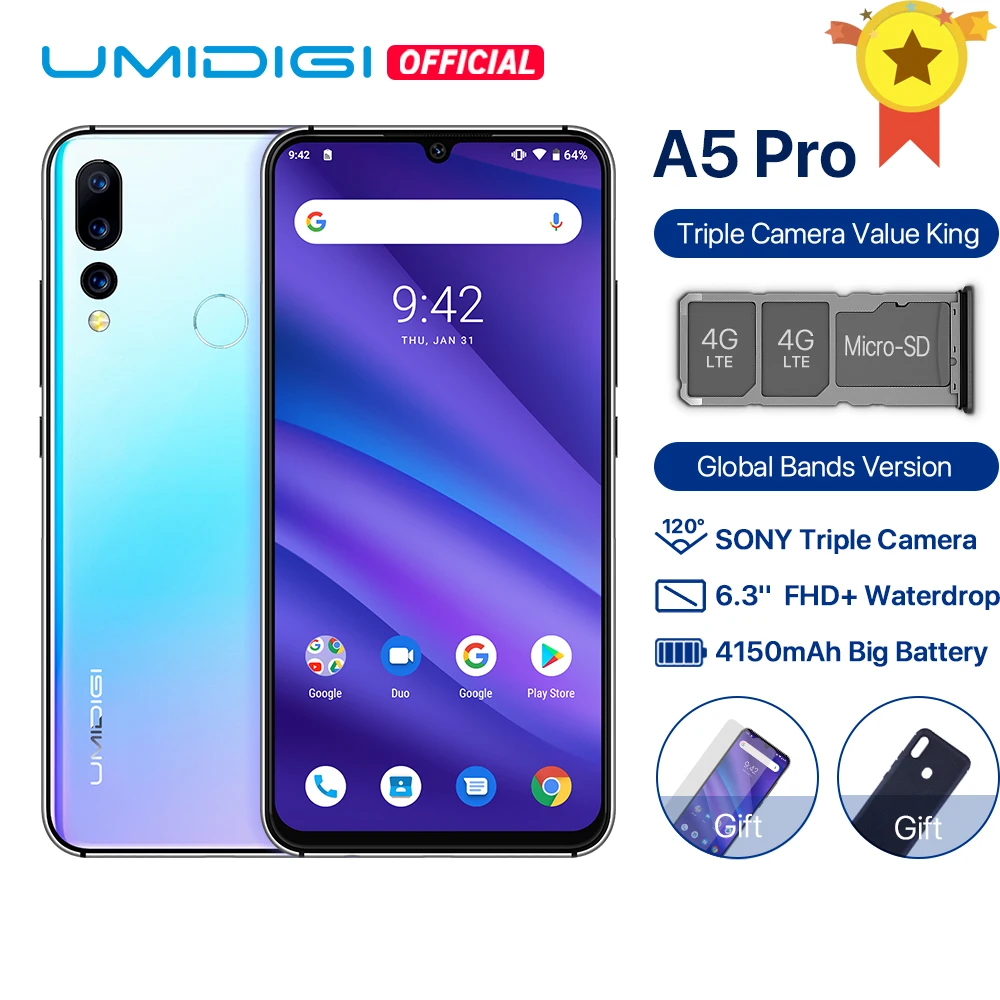  UMIDIGI A5 PRO Android 9.0 Global Bands 16MP Triple Camera Octa Core 6.3' FHD+ Waterdrop Screen 415