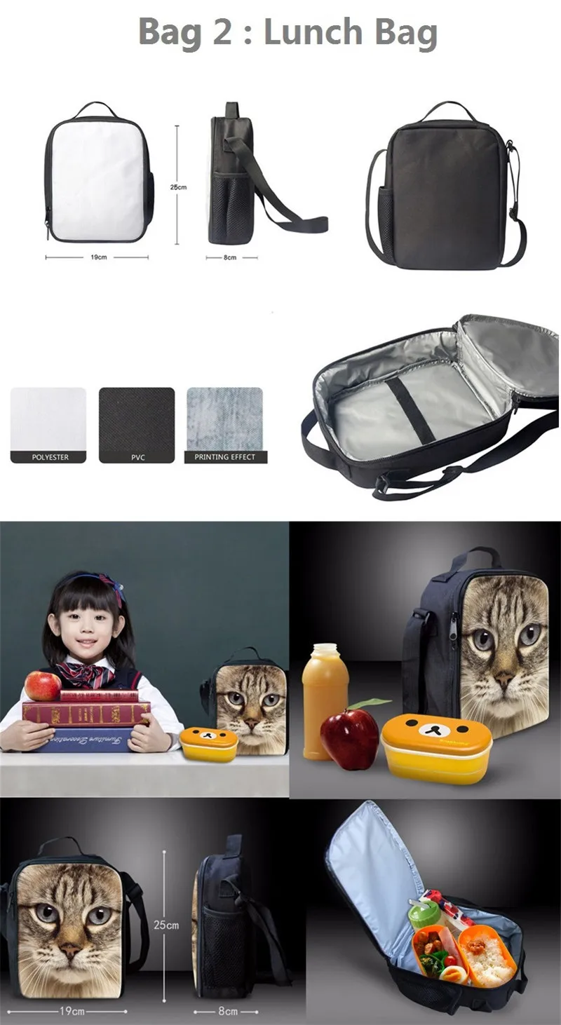 FORUDESIGNS School Bags Student Girls 3pcs 3D Cat Kitty Pattern Orthopedic Satchel Backpack Pencil Book Bag Teenagers Rucksack