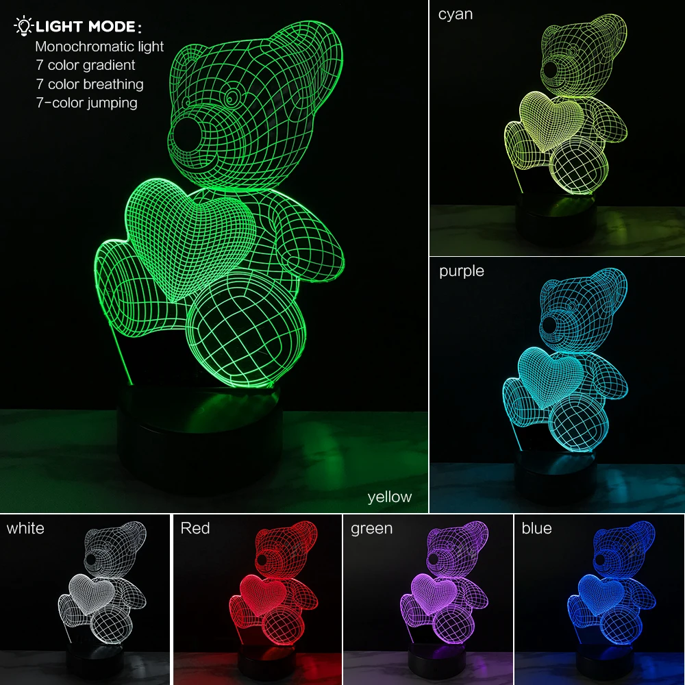 Новый светодиодный светильник Love Bear 3D 7 меняющихся цветов сенсорный выключатель