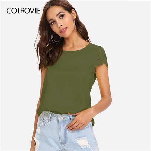 COLROVIE, желтая, гребешок, лазерная резка, короткий рукав, открытая пуговица, повседневная женская блузка, рубашка,, летняя женская блузка и топы - Цвет: Армейский зеленый