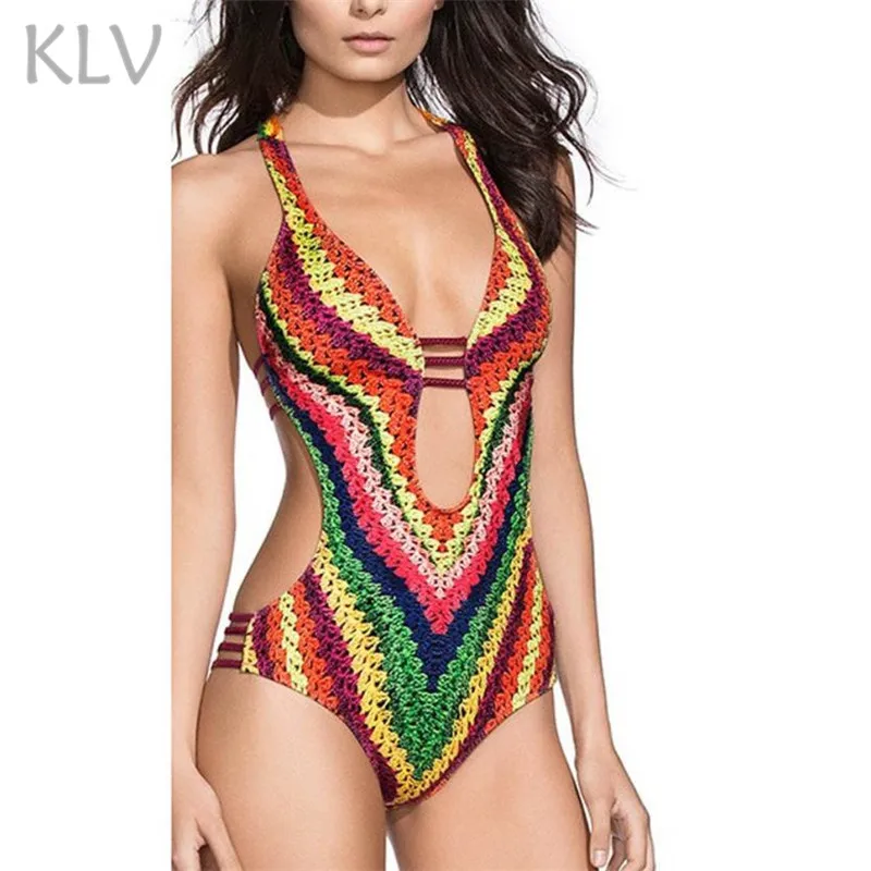 

KLV sexy swimwear women 2019 piece top de bikinis de las mujeres Mid Waist Print Multicolor Swimsuit new dress #@%