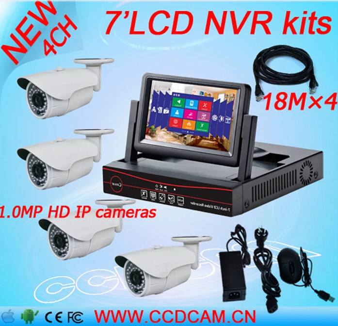 4CH 720P NVR с 7 дюймовым ЖК монитором 4 шт. 1 0 мегапикселя наружная Всепогодная ip камера