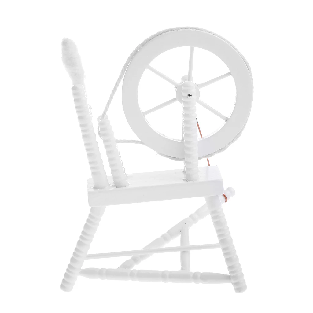 

White Wooden Spinning Wheel For Dollhouse Miniature Sewing Room 1/12 Scale Mini Doll House Decor Accessory