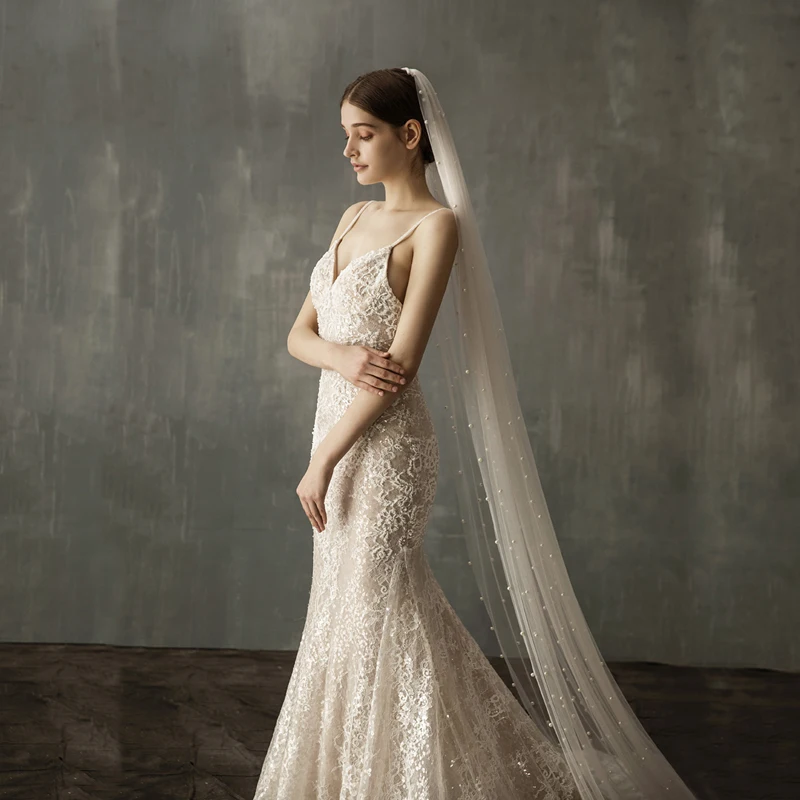 SLBRIDAL One-Layers Pearls Wedding Chapel Veils With Combs Bridal Veils Wedding Wear Accessories For Bride Mariage Women SLBRIDAL One-Layers Pearls Wedding Chapel Veils With Combs Bridal Veils Wedding Wear Accessories For Bride Mariage Women