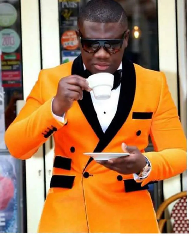 

Orange Double-Breasted Groom Tuxedos Black Shawl Lapel Men Wedding Tuxedos Jacket Blazer Men Dinner/Darty Suit(Jacket+Pant+vest